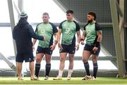 15 November 2022; Front row, from left, Tadhg Furlong, Dan Sheehan and Andrew Porter with National scrum coach John Fogarty during a Ireland rugby squad training session at the IRFU High Performance Centre at the Sport Ireland Campus in Dublin. Photo by Harry Murphy/Sportsfile