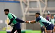 15 November 2022; Robert Baloucoune, left, and Bundee Aki during a Ireland rugby squad training session at the IRFU High Performance Centre at the Sport Ireland Campus in Dublin. Photo by Harry Murphy/Sportsfile