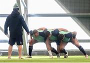 15 November 2022; Front row, from left, Tadhg Furlong, Dan Sheehan and Andrew Porter with National scrum coach John Fogarty during a Ireland rugby squad training session at the IRFU High Performance Centre at the Sport Ireland Campus in Dublin. Photo by Harry Murphy/Sportsfile