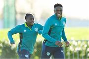 15 November 2022; Chiedozie Ogbene, right, and Michael Obafemi before a Republic of Ireland training session at the FAI National Training Centre in Abbotstown, Dublin. Photo by Seb Daly/Sportsfile