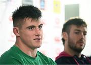 15 November 2022; Dan Sheehan, left, and Caelan Doris during a Ireland rugby press conference at the IRFU High Performance Centre at the Sport Ireland Campus in Dublin. Photo by Harry Murphy/Sportsfile