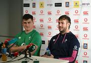 15 November 2022; Caelan Doris, right, and Dan Sheehan during a Ireland rugby press conference at the IRFU High Performance Centre at the Sport Ireland Campus in Dublin. Photo by Harry Murphy/Sportsfile