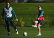 15 November 2022; Seamus Coleman, right, and Nathan Collins during a Republic of Ireland training session at the FAI National Training Centre in Abbotstown, Dublin. Photo by Seb Daly/Sportsfile