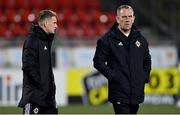 15 November 2022; Northern Ireland manager Kenny Shiels, right, and assistant coach Dean Shiels before the International friendly match between Northern Ireland and Italy at Seaview in Belfast. Photo by Ramsey Cardy/Sportsfile