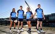 16 November 2022; Dublin players, from left, camogie player Emma O'Byrne, hurler Eoghan O'Donnell and footballers Leah Caffrey and Lee Gannon in attendance at AIG Headquarters at the unveiling of the new Dublin GAA Jersey with sponsors AIG Insurance. Photo by David Fitzgerald/Sportsfile