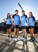 16 November 2022; Dublin players, from left, camogie player Emma O'Byrne, hurler Eoghan O'Donnell and footballers Lee Gannon and Leah Caffrey in attendance at AIG Headquarters at the unveiling of the new Dublin GAA Jersey with sponsors AIG Insurance. Photo by David Fitzgerald/Sportsfile