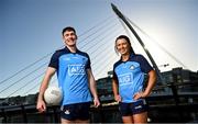 16 November 2022; Dublin footballers Lee Gannon and Leah Caffrey in attendance at AIG Headquarters at the unveiling of the new Dublin GAA Jersey with sponsors AIG Insurance. Photo by David Fitzgerald/Sportsfile