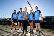 16 November 2022; AIG Ireland General Manager Aidan Connaughton with Dublin players, from left, camogie player Emma O'Byrne, hurler Eoghan O'Donnell and footballers Leah Caffrey and Lee Gannon in attendance at AIG Headquarters at the unveiling of the new Dublin GAA Jersey with sponsors AIG Insurance. Photo by David Fitzgerald/Sportsfile