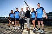 16 November 2022; AIG Ireland General Manager Aidan Connaughton and Head of Consumer Marketing and Sponsorship John Gillick with Dublin players, from left, camogie player Emma O'Byrne, hurler Eoghan O'Donnell and footballers Leah Caffrey and Lee Gannon in attendance at AIG Headquarters at the unveiling of the new Dublin GAA Jersey with sponsors AIG Insurance. Photo by David Fitzgerald/Sportsfile