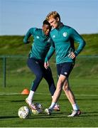 16 November 2022; Liam Scales, right, and Chiedozie Ogbene during a Republic of Ireland training session at the FAI National Training Centre in Abbotstown, Dublin. Photo by Seb Daly/Sportsfile