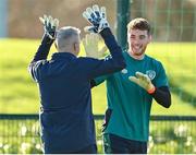 16 November 2022; Goalkeeper Mark Travers, right, and goalkeeping coach Dean Kiely during a Republic of Ireland training session at the FAI National Training Centre in Abbotstown, Dublin. Photo by Seb Daly/Sportsfile