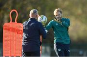 16 November 2022; Goalkeeper Caoimhin Kelleher, right, and goalkeeping coach Dean Kiely during a Republic of Ireland training session at the FAI National Training Centre in Abbotstown, Dublin. Photo by Seb Daly/Sportsfile