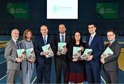17 November 2022; Left to right, Sport Ireland board chairperson Kieran Mulvey, Sport Ireland Chief Executive Dr Una May, An Taoiseach Micheál Martin TD, Tánaiste Leo Varadkar TD, Minister for Tourism, Culture, Arts, Gaeltacht, Sport and Media, Catherine Martin TD, Minister of State for Sport and the Gaeltacht, Jack Chambers TD and Sport Ireland Campus Development Director Tony Lawless during the launch of the Next Phase of the Sport Ireland Campus Masterplan at the National Indoor Arena in Dublin. Photo by Sam Barnes/Sportsfile