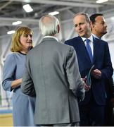 17 November 2022; An Taoiseach Micheál Martin TD, right, with Sport Ireland board chairperson Kieran Mulvey and Sport Ireland Chief Executive Dr Una May during the launch of the Next Phase of the Sport Ireland Campus Masterplan at the National Indoor Arena in Dublin. Photo by David Fitzgerald/Sportsfile