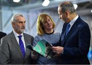 17 November 2022; An Taoiseach Micheál Martin TD, right, with Sport Ireland board chairperson Kieran Mulvey and Sport Ireland Chief Executive Dr Una May during the launch of the Next Phase of the Sport Ireland Campus Masterplan at the National Indoor Arena in Dublin. Photo by David Fitzgerald/Sportsfile