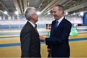 17 November 2022; An Taoiseach Micheál Martin TD, right, with Olympian John Treacy during the launch of the Next Phase of the Sport Ireland Campus Masterplan at the National Indoor Arena in Dublin. Photo by David Fitzgerald/Sportsfile