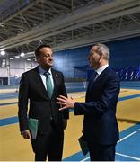 17 November 2022; An Taoiseach Micheál Martin TD, right, with Tánaiste Leo Varadkar TD during the launch of the Next Phase of the Sport Ireland Campus Masterplan at the National Indoor Arena in Dublin. Photo by David Fitzgerald/Sportsfile