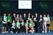 17 November 2022; Left to right, back row, Bryan Mollen, Irish Rugby, Kelyn Cassidy, boxing, Mayor of Fingal, Councillor Howard Mahony, Sport Ireland board chairperson Kieran Mulvey, Sport Ireland Chief Executive Dr Una Ma, An Taoiseach Micheál Martin TD, Tánaiste Leo Varadkar TD, Minister for Tourism, Culture, Arts, Gaeltacht, Sport and Media, Catherine Martin TD, Minister of State for Sport and the Gaeltacht, Jack Chambers TD, Sport Ireland Campus Development Director Tony Lawless, Paralympic swimmer Barry McClements and Billy Dardis, Irish Rugby, front row, l to r, Emily Lane and Megan Burns, Irish Rugby, Nicole Turner, Paralympic Ireland, Ireland women's rugby player Kayla Waldron and Leah Tarpey, during the launch of the Next Phase of the Sport Ireland Campus Masterplan at the National Indoor Arena in Dublin. Photo by Sam Barnes/Sportsfile