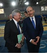17 November 2022; An Taoiseach Micheál Martin TD, right, with Sport Ireland board member Pat O'Connor during the launch of the Next Phase of the Sport Ireland Campus Masterplan at the National Indoor Arena in Dublin. Photo by David Fitzgerald/Sportsfile