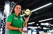 17 November 2022; Amy Hunter with the trophy at Dublin Airport on the team's return from the T20I Ireland Women tour in Pakistan. Photo by Ben McShane/Sportsfile