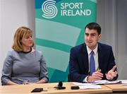 17 November 2022; Minister of State for Sport and the Gaeltacht, Jack Chambers TD and Sport Ireland Chief Executive Dr Una May during the launch of the Next Phase of the Sport Ireland Campus Masterplan at the National Indoor Arena in Dublin. Photo by Piaras Ó Mídheach/Sportsfile