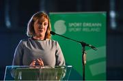17 November 2022; Sport Ireland Chief Executive Dr Una May speaking during the launch of the Next Phase of the Sport Ireland Campus Masterplan at the National Indoor Arena in Dublin. Photo by Sam Barnes/Sportsfile
