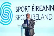 17 November 2022; Sport Ireland board chairperson Kieran Mulvey speaking during the launch of the Next Phase of the Sport Ireland Campus Masterplan at the National Indoor Arena in Dublin. Photo by Sam Barnes/Sportsfile