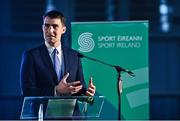 17 November 2022; Minister of State for Sport and the Gaeltacht, Jack Chambers TD speaking during the launch of the Next Phase of the Sport Ireland Campus Masterplan at the National Indoor Arena in Dublin. Photo by Sam Barnes/Sportsfile