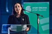 17 November 2022; Minister for Tourism, Culture, Arts, Gaeltacht, Sport and Media, Catherine Martin TD speaking during the launch of the Next Phase of the Sport Ireland Campus Masterplan at the National Indoor Arena in Dublin. Photo by Sam Barnes/Sportsfile