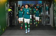 17 November 2022; John Egan of Republic of Ireland leads his side out for their warm-up before the International Friendly match between Republic of Ireland and Norway at the Aviva Stadium in Dublin. Photo by Seb Daly/Sportsfile
