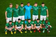 17 November 2022; Republic of Ireland players, back row from left, Nathan Collins, Callum Robinson, Matt Doherty, Gavin Bazunu, Dara O'Shea and John Egan of Republic of Ireland. Front row, from left; Alan Browne, Callum O'Dowda, Josh Cullen, Scott Hogan, Jayson Molumby and Michael Obafemi of Republic of Ireland before the International Friendly match between Republic of Ireland and Norway at the Aviva Stadium in Dublin. Photo by Ben McShane/Sportsfile