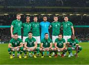 17 November 2022; The Republic of Ireland team, back row left to right, Nathan Collins, Callum Robinson, Matt Doherty, Gavin Bazunu, Dara O'Shea and John Egan, front row, l to r; Alan Browne, Callum O'Dowda, Josh Cullen, Scott Hogan, Jayson Molumby and Michael Obafemi of Republic of Ireland before the International Friendly match between Republic of Ireland and Norway at the Aviva Stadium in Dublin. Photo by Seb Daly/Sportsfile