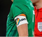 17 November 2022; The Republic of Ireland captain John Egan's armband during the International Friendly match between Republic of Ireland and Norway at the Aviva Stadium in Dublin. Photo by Seb Daly/Sportsfile