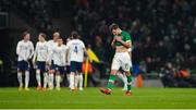 17 November 2022; Norway players celebrate in the distance as Jayson Molumby of Republic of Ireland reacts after his side conceded the first goal during the International Friendly match between Republic of Ireland and Norway at the Aviva Stadium in Dublin. Photo by Seb Daly/Sportsfile
