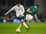 17 November 2022; Jayson Molumby of Republic of Ireland fires in a shot under pressure from Mohamed Elyounoussi of Norway during the International Friendly match between Republic of Ireland and Norway at the Aviva Stadium in Dublin. Photo by Seb Daly/Sportsfile