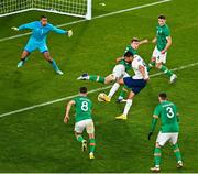 17 November 2022; Ohi Omoijuanfo of Norway shoots past Republic of Ireland goalkeeper Gavin Bazunu to score his first international goal and Norway's second, in the 85th minute, during the International Friendly match between Republic of Ireland and Norway at the Aviva Stadium in Dublin. Photo by Ben McShane/Sportsfile