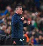 17 November 2022; Republic of Ireland manager Stephen Kenny celebrates the goal of Alan Browne during the International Friendly match between Republic of Ireland and Norway at the Aviva Stadium in Dublin. Photo by Seb Daly/Sportsfile