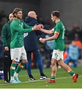 17 November 2022; Jayson Molumby of Republic of Ireland, right, is replaced by Jeff Hendrick during the International Friendly match between Republic of Ireland and Norway at the Aviva Stadium in Dublin. Photo by Seb Daly/Sportsfile