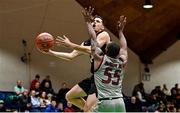 18 November 2022; Sam Peek of Stetson Hatters in action against Dwight Murray Jr of Rider Broncs during the 2022 MAAC/ASUN Dublin Basketball Challenge match between Rider Broncs and Stetson Hatters at National Basketball Arena in Dublin. Photo by David Fitzgerald/Sportsfile