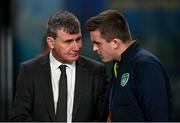 17 November 2022; Republic of Ireland manager Stephen Kenny, left, and FAI communications manager Kieran Crowley before the International Friendly match between Republic of Ireland and Norway at the Aviva Stadium in Dublin. Photo by Seb Daly/Sportsfile