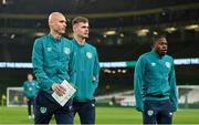 17 November 2022; Republic of Ireland players, from left, Will Smallbone, Evan Ferguson and  Michael Obafemi before the International Friendly match between Republic of Ireland and Norway at the Aviva Stadium in Dublin. Photo by Seb Daly/Sportsfile