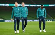 17 November 2022; Republic of Ireland players, from left, Will Smallbone, Evan Ferguson and Michael Obafemi before the International Friendly match between Republic of Ireland and Norway at the Aviva Stadium in Dublin. Photo by Seb Daly/Sportsfile