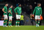 17 November 2022; Republic of Ireland players, from left, John Egan, Josh Cullen, Chiedozie Ogbene and Jeff Hendrick after their side's defeat in the International Friendly match between Republic of Ireland and Norway at the Aviva Stadium in Dublin. Photo by Piaras Ó Mídheach/Sportsfile