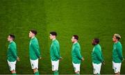 17 November 2022; Republic of Ireland players, from left, Josh Cullen, Dara O'Shea, Callum O'Dowda, Alan Browne, Michael Obafemi and Callum Robinson during the playing of Amhrán na bhFiann before the International Friendly match between Republic of Ireland and Norway at the Aviva Stadium in Dublin. Photo by Ben McShane/Sportsfile