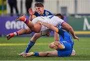 18 November 2022; Gaspar Moltedo of Chile is tackled by Cormac Foley, right, and Charlie Tector of Leinster the Bank of Ireland friendly match between Leinster and Chile at Energia Park in Dublin. Photo by Harry Murphy/Sportsfile