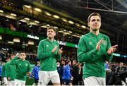 17 November 2022; Jayson Molumby, right, and Nathan Collins of Republic of Ireland before the International Friendly match between Republic of Ireland and Norway at the Aviva Stadium in Dublin. Photo by Seb Daly/Sportsfile