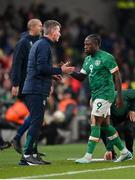 17 November 2022; Republic of Ireland manager Stephen Kenny and Michael Obafemi of Republic of Ireland during the International Friendly match between Republic of Ireland and Norway at the Aviva Stadium in Dublin. Photo by Seb Daly/Sportsfile