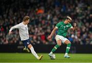 17 November 2022; Callum Robinson of Republic of Ireland in action against Martin Ødegaard of Norway during the International Friendly match between Republic of Ireland and Norway at the Aviva Stadium in Dublin. Photo by Seb Daly/Sportsfile