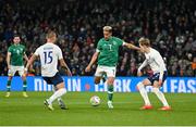 17 November 2022; Callum Robinson of Republic of Ireland in action against Leo Østigård, left, and Marcus Holmgren Pedersen of Norway during the International Friendly match between Republic of Ireland and Norway at the Aviva Stadium in Dublin. Photo by Seb Daly/Sportsfile