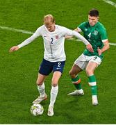 17 November 2022; Morten Thorsby of Norway and Dara O'Shea of Republic of Ireland during the International Friendly match between Republic of Ireland and Norway at the Aviva Stadium in Dublin. Photo by Ben McShane/Sportsfile